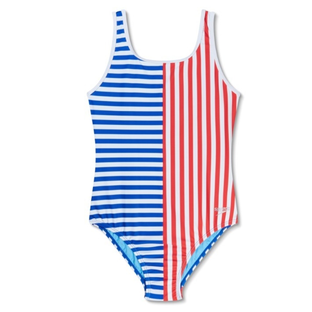 Speedo® (GIRL'S SIZE 14) Stripe Blocked One Piece Swimsuit in Red/White/Blue